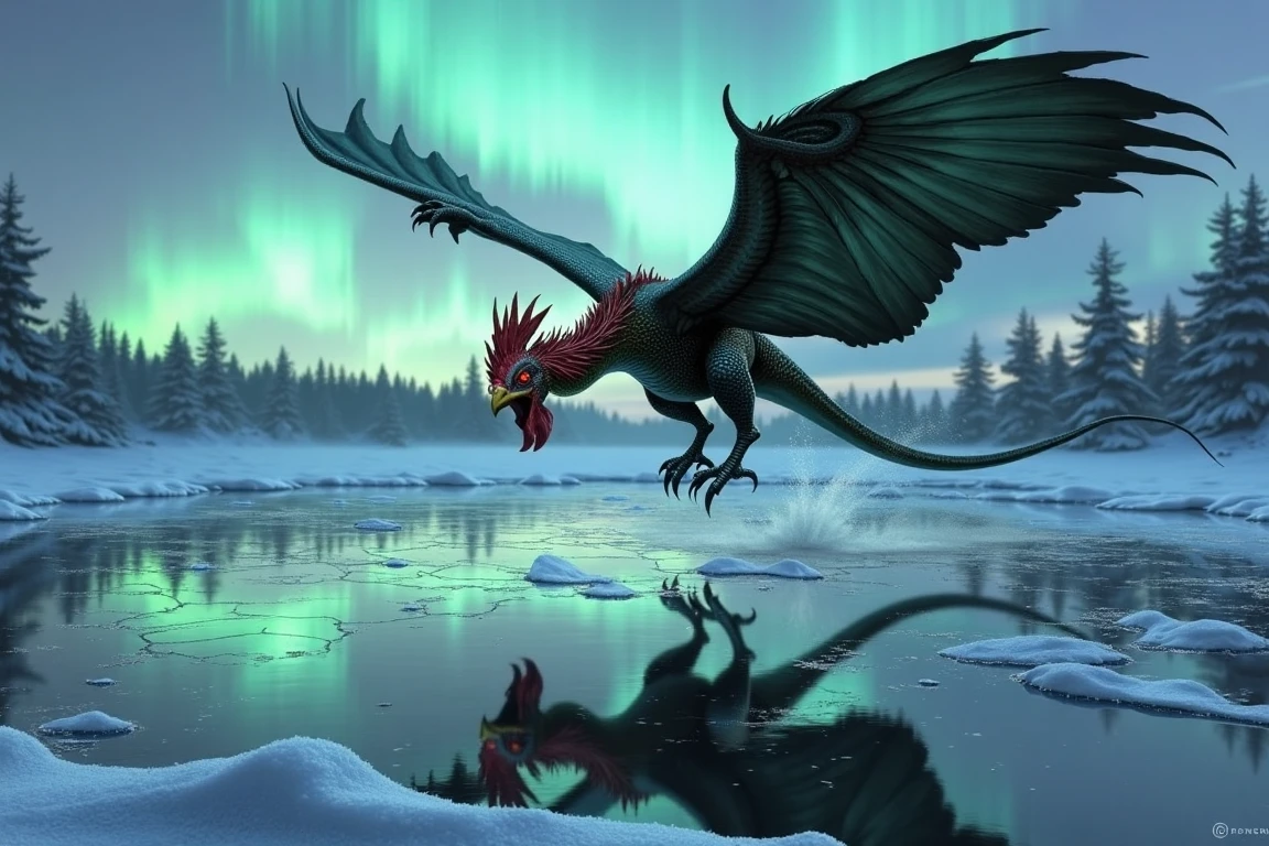 ckr,ckc,calk, ultra realistic, ultra detailed textures and colors half-reptilian, half-rooster, a cockatrice mid-flight over a frozen lake, its reflection distorted in the cracked ice below. Its talons are outstretched, ready to strike, while frost clings to its wing tips. The background is a snow-laden forest under a twilight sky, with an aurora borealis casting vibrant greens and purples across the scene. The camera is positioned underneath the creature, looking up, emphasizing its dominance. The lighting creates a cool, ethereal effect, contrasting with the cockatrice’s fiery red eyes.