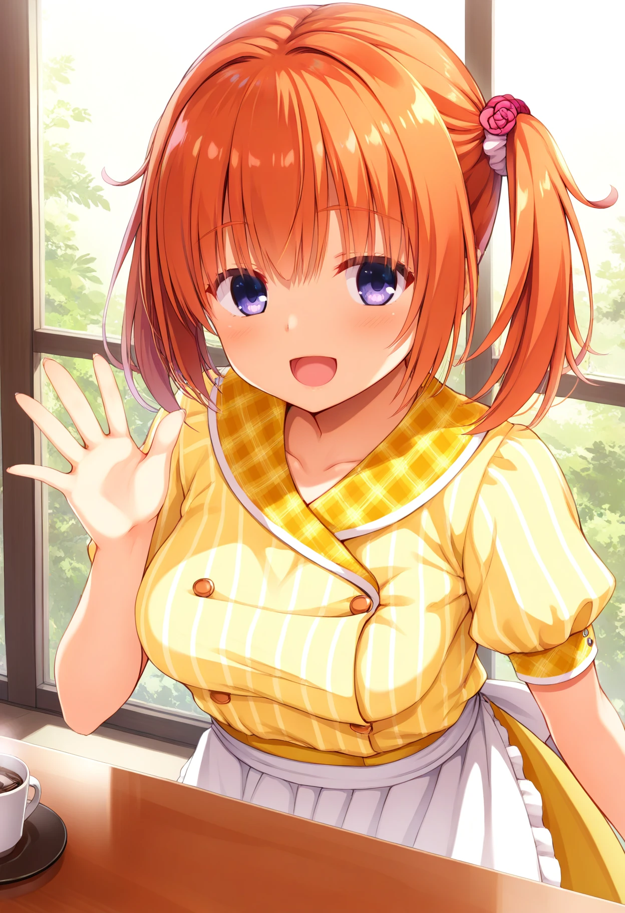 (masterpiece, best quality, highres, absurdres, very detailed, photorealistic, very aesthetic:1.22), (detailed eyes), yuzu modoki, shiny skin, 1girl, sumizome nozomi, orange hair, aaacafe, yellow dress, white apron, plaid, striped shirt, puffy short sleeves, twintails, flower scrunchie, happy, waving, breasts, upper body, looking at viewer, from above, window, coffee on table, wrinkled shirt, <lora:nozomi_2-14:1>