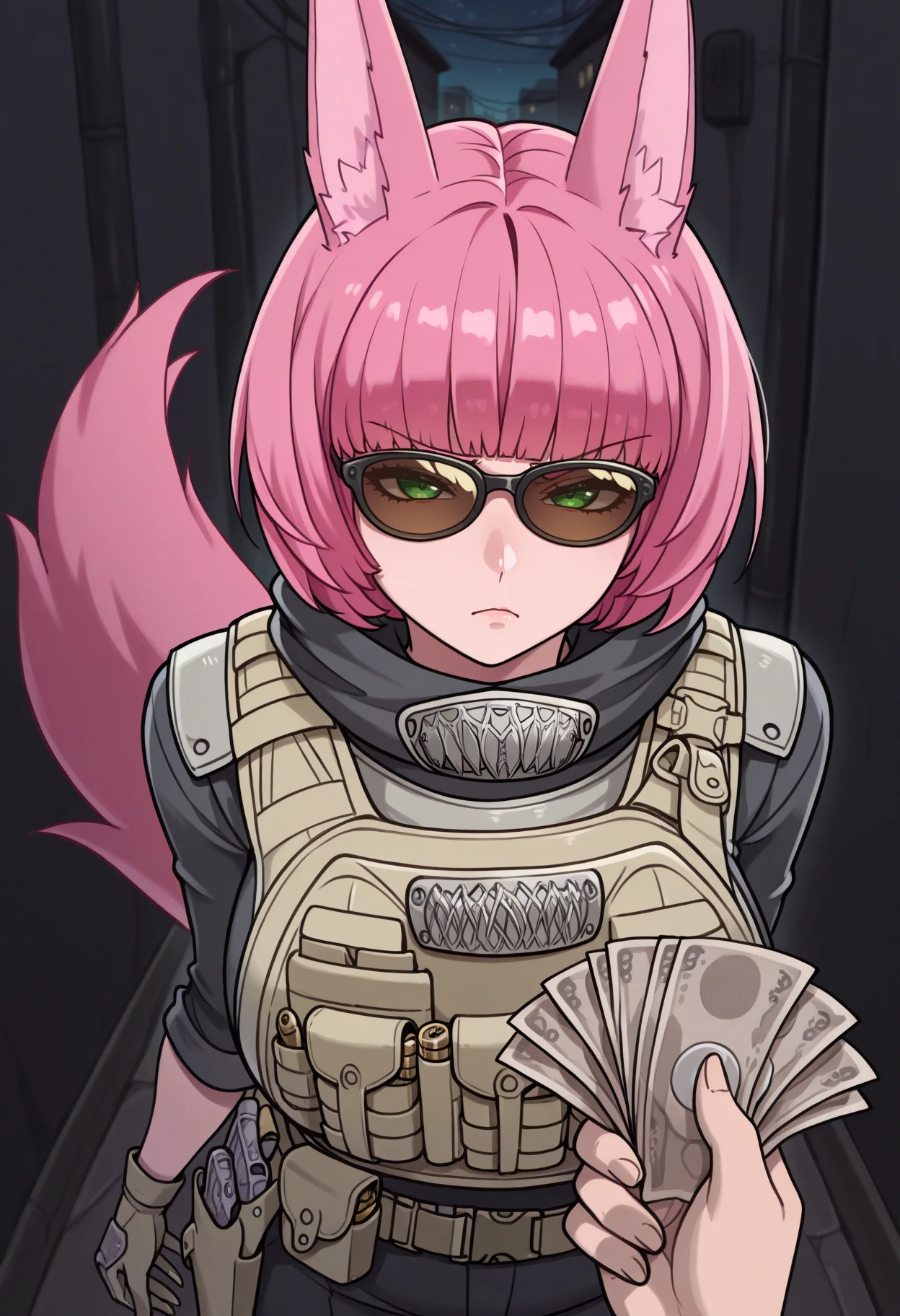 masterpiece, best quality, 1girl, pov hands, holding money, reaching towards viewer, sunglasses, scowl, <lora:CatherinaMR-illu:1> cathMR, pink hair, short hair, blunt bangs, covered eyes, green eyes, fox ears, bulletproof vest, holster, ammunition pouch, tactical clothes, gloves, large breasts, pink wolf tail, night, alley