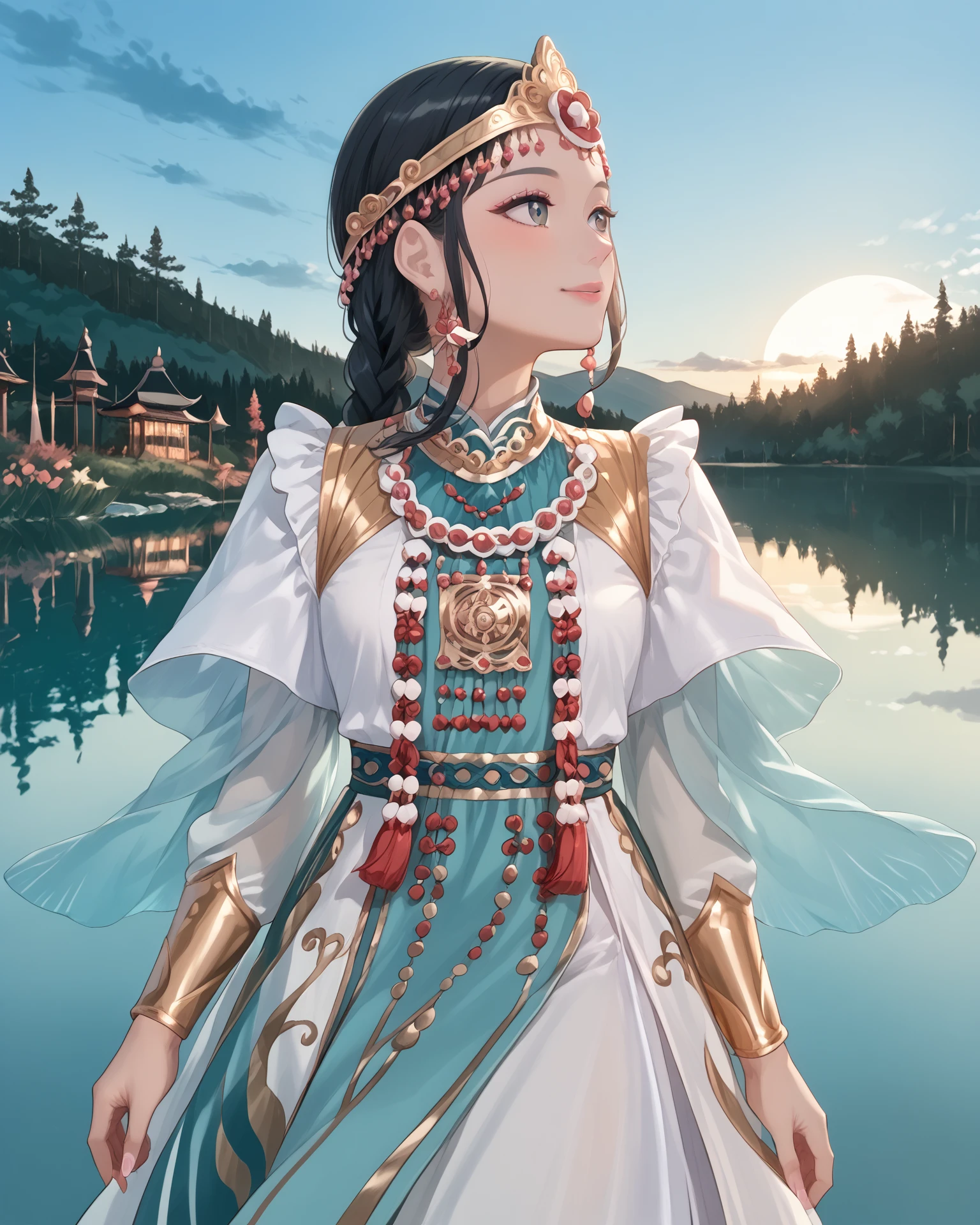 1girl, wearing yakutfa, yakutfa clothes, beautiful scenery, shimmering lake, long hair, braid, black hair, extremely detailed clothing, digital art, masterpiece, absurdres, highest quality, score_9, score_8_up, score_7_up,   <lora:Yakut_Fashion_XL:1.3>,  <lora:CMRNM:1>, CMRNM