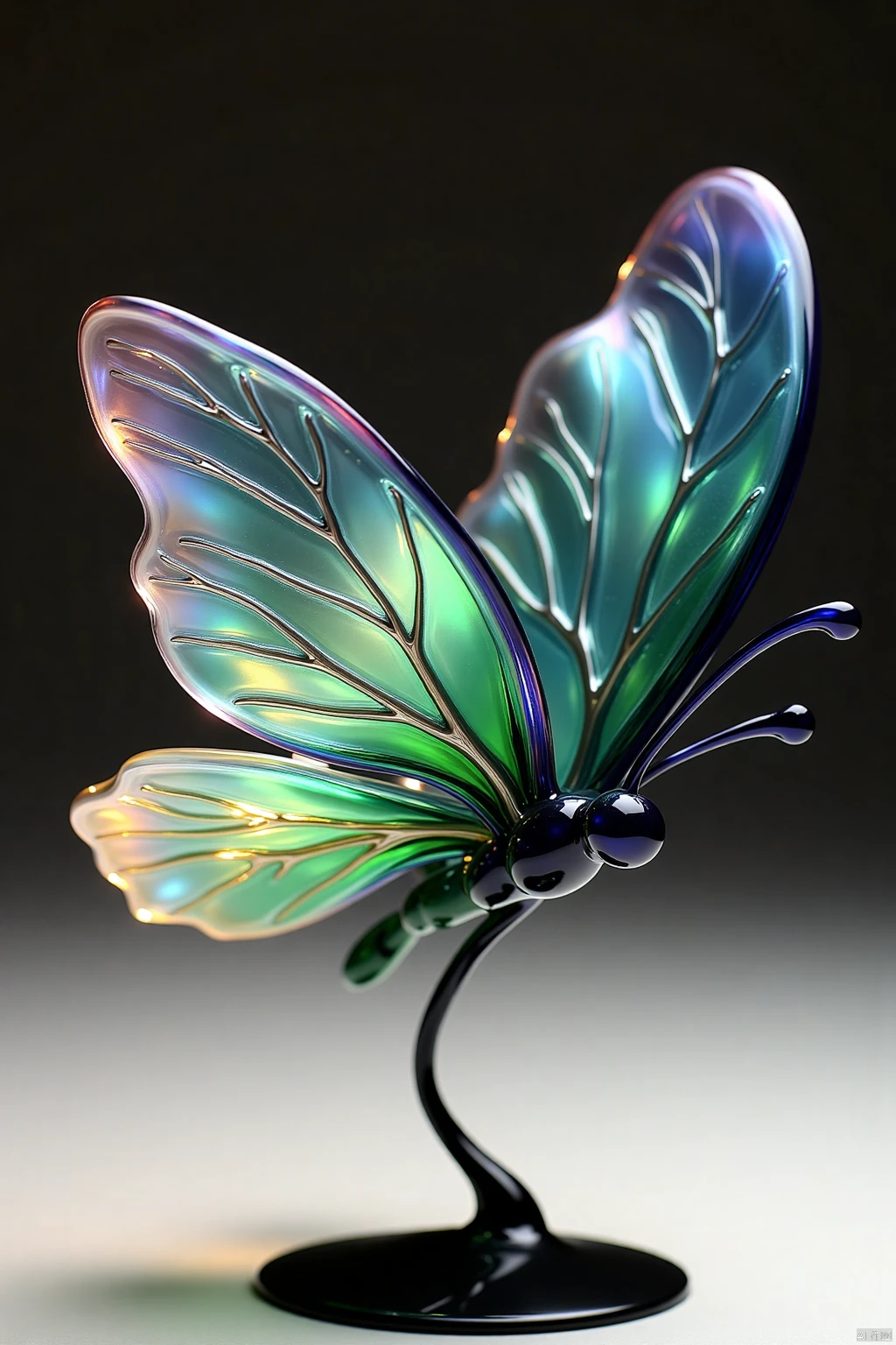 OBsgdys,
A single, delicate glass butterfly, with intricately patterned wings of translucent glass in shades of emerald green and sapphire blue, perched delicately on a slender, black stand. The butterfly's wings are incredibly detailed, with delicate veins and shimmering, iridescent scales that catch the light and create a dazzling display of color.