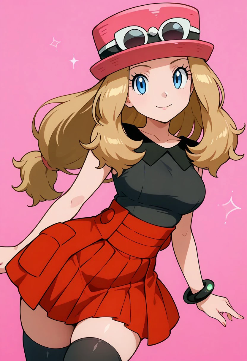 zzSerena, solo, long hair, blue eyes, eyewear on headwear, pink headwear, eyelashes, sleeveless shirt, black shirt, bracelet, high-waist skirt, red skirt, black thighhighs,
curvy. ,smile, looking at viewer, pretty background, dynamic pose,