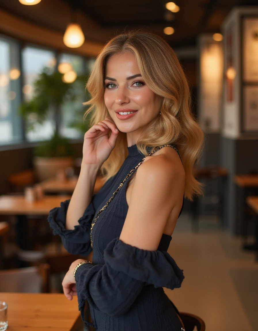 highly detailed image of a woman with stylish hair wearing a bottleneck dress standing in a cafe looking at the viewer  <lora:Burcu Esmersoy:1>