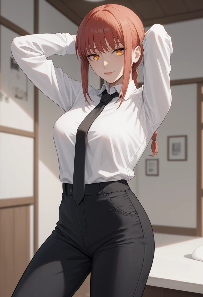 score_9, score_7_up,   1girl,  makima \(chainsaw man\), white shirt, black necktie, black pants, shirt tucked in, arms behind head, looking at viewer,