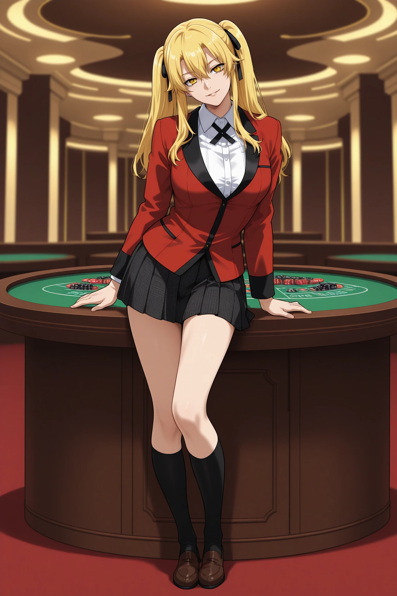 masterpiece, best quality, amazing quality, highres, absurdres, very aesthetic, high resolution, ultra detailed, perfect details, 1girl, solo, indoors, casino, medium breasts, saotome mary, long hair, blonde hair, twintails, black hair bow, hair between eyes, yellow eyes, hyakkaou academy school uniform, long sleeves, blazer, red jacket, suit jacket, white shirt, collared shirt, black neck ribbon, black skirt, plaid skirt, pleated skirt, black kneehighs, loafers, <lora:Mary_Saotome_ILXL:0.8>, (aged up:2), full body, smile, (head tilt:1.2), (pose:1.2), anime coloring, standing, against table