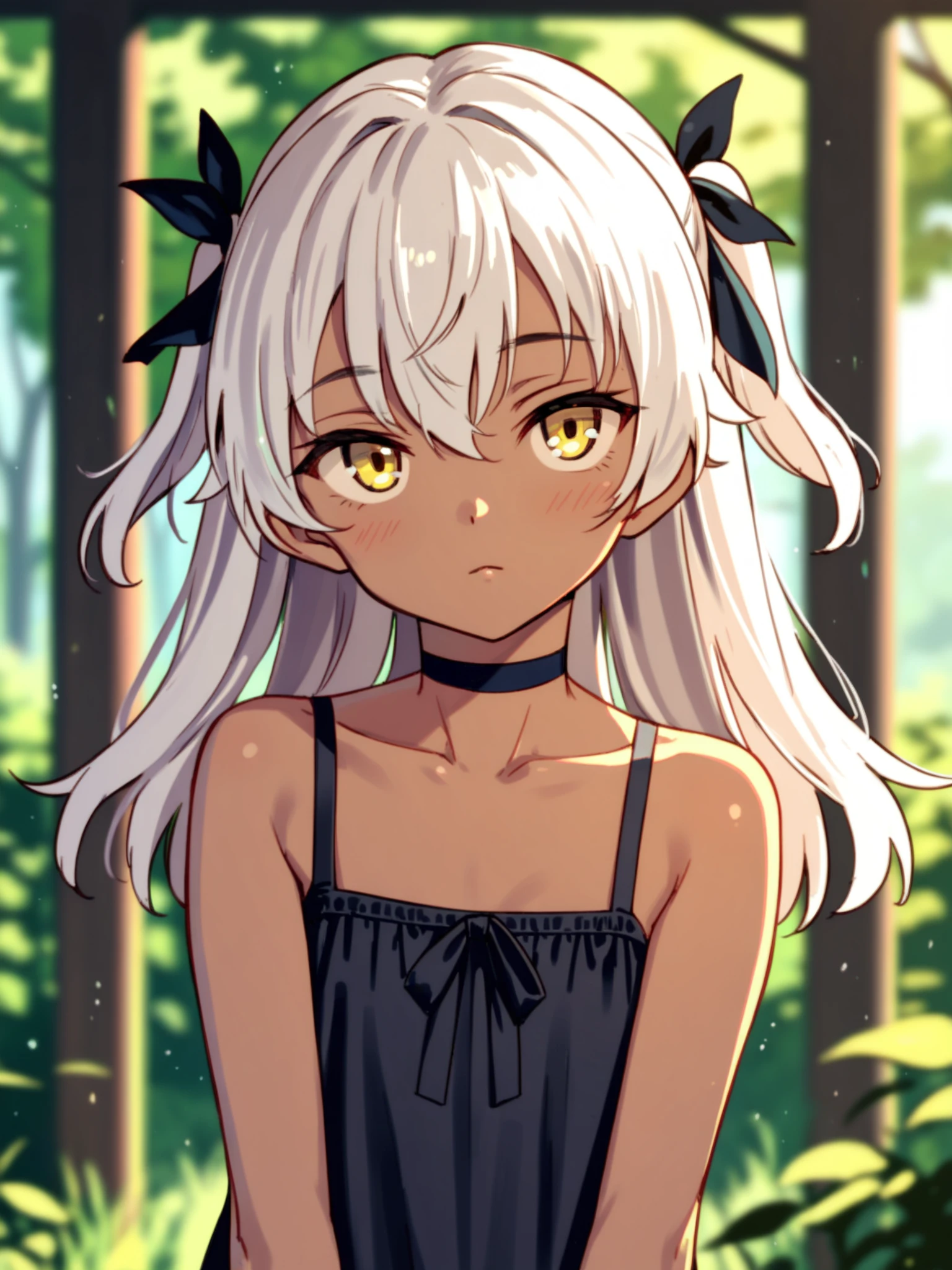 <lora:happy_tentacle-kanaguri-v0.3-000011:1>, ht_kanaguri, choker, dark-skinned female, (flat chest:1.1), two side up, hair ribbon, yellow eyes , shy, outdoors cowboy shot, 1girl, (petite:1.2), solo focus, (looking at viewer:1.1), sidelighting, (depth of field:0.8), , score_9, score_8_up, score_7_up, score_6_up, score_5_up, score_4_up