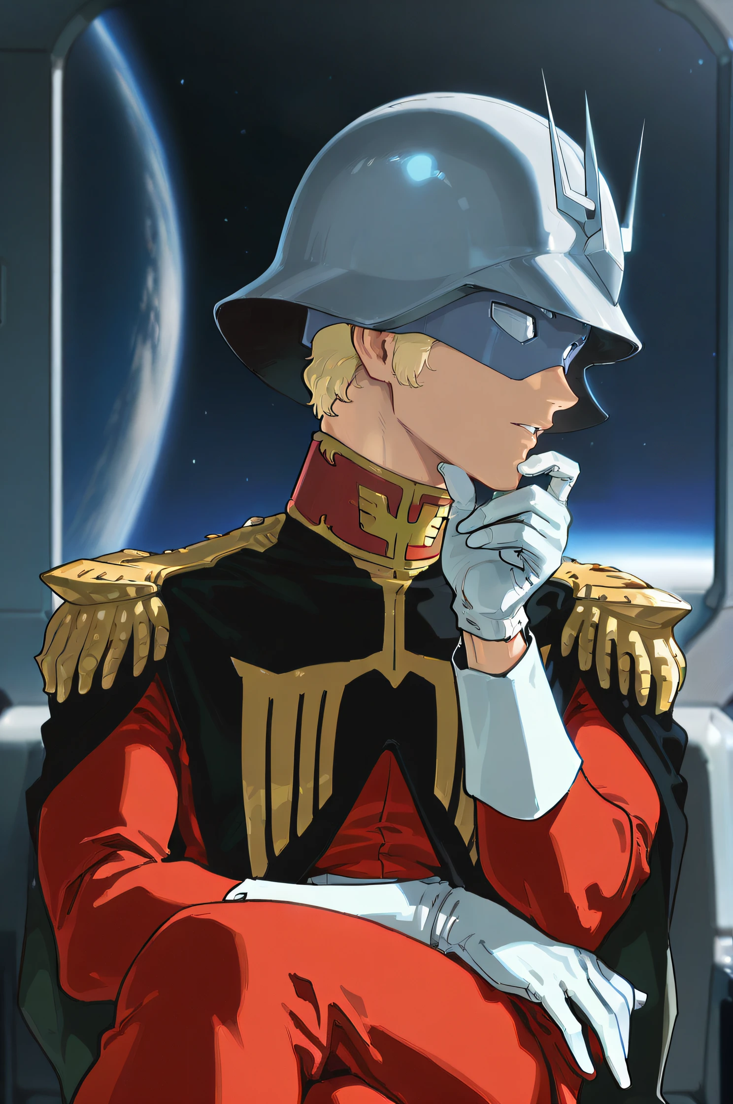 masterpiece, best quality, highres, newest, scenary, 1boy, solo, <lora:IL_Char_Aznable:1>, char, military uniform, mask, helmet, white gloves, five fingers, frontal view, parted lips, hand on chin, crossed legs, cowboy shot, space background, side view, sitting