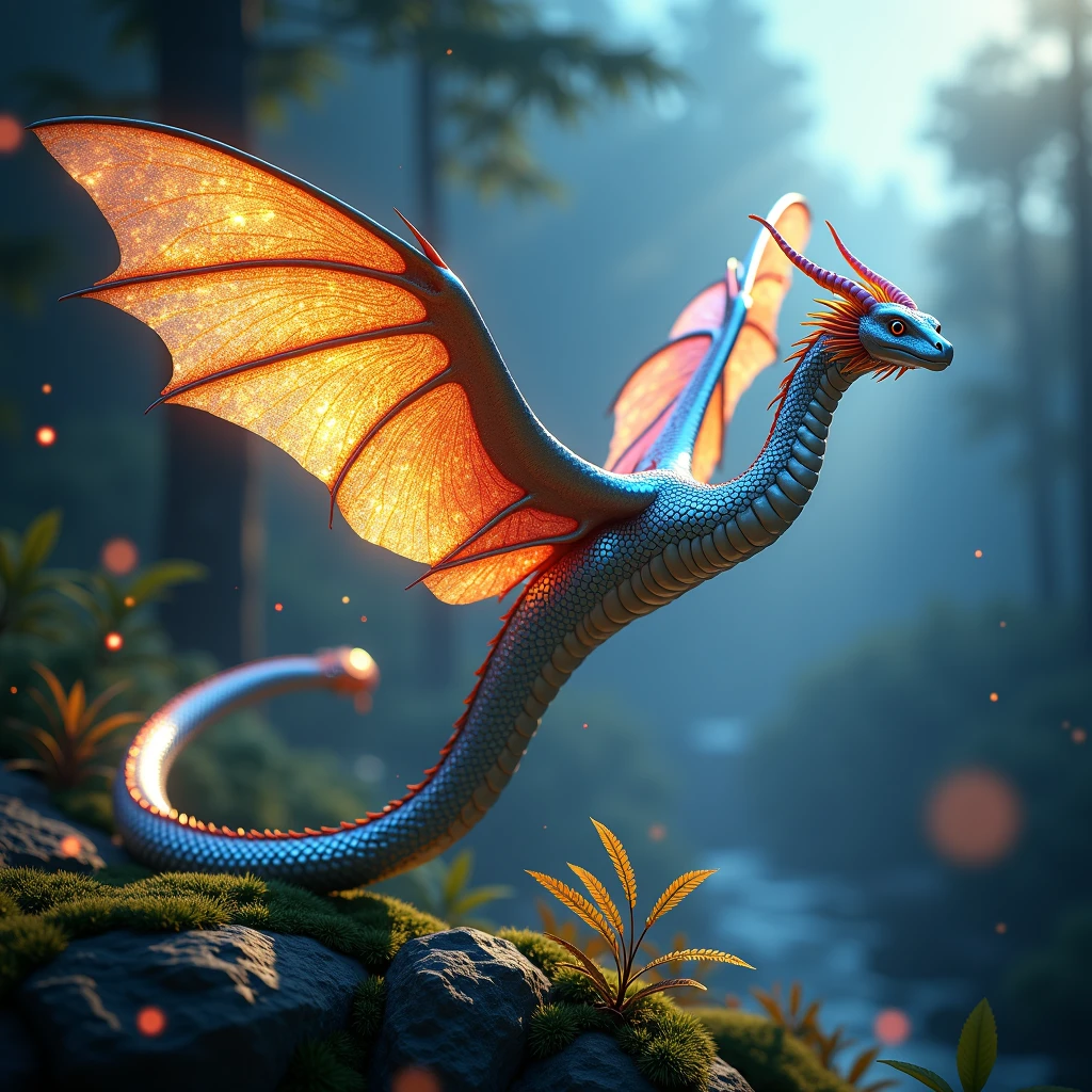 flying serpent, impressionist ambience , beautiful and surreal, with luxurious sharp focus, intense vibrant colors, dynamic shadows, dramatic lighting, soft shadows, in the early morning, blue hour,  cinematic flying serpent is erched gracefully on an interesting sky mystical open space. Its iridescent wings shimmer in various hues of  golden and silvery majestic colors, catching the soft, magical presence of this lovely creature. the creature scales gleam like precious gems, the creature has a majestic crest on top of his head and small horns to the side,  reflecting the vibrant colors of the surrounding flora, volumetric lighting,  The background is filled with ethereal light, fireflies dancing in the air, and mysterious, glowing plants that add to the otherworldly atmosphere. The scene is filled with magic and myth, with intricate details that draw the viewer into this magical realm." <lora:windserpents:1> fsp, fsx, fxs