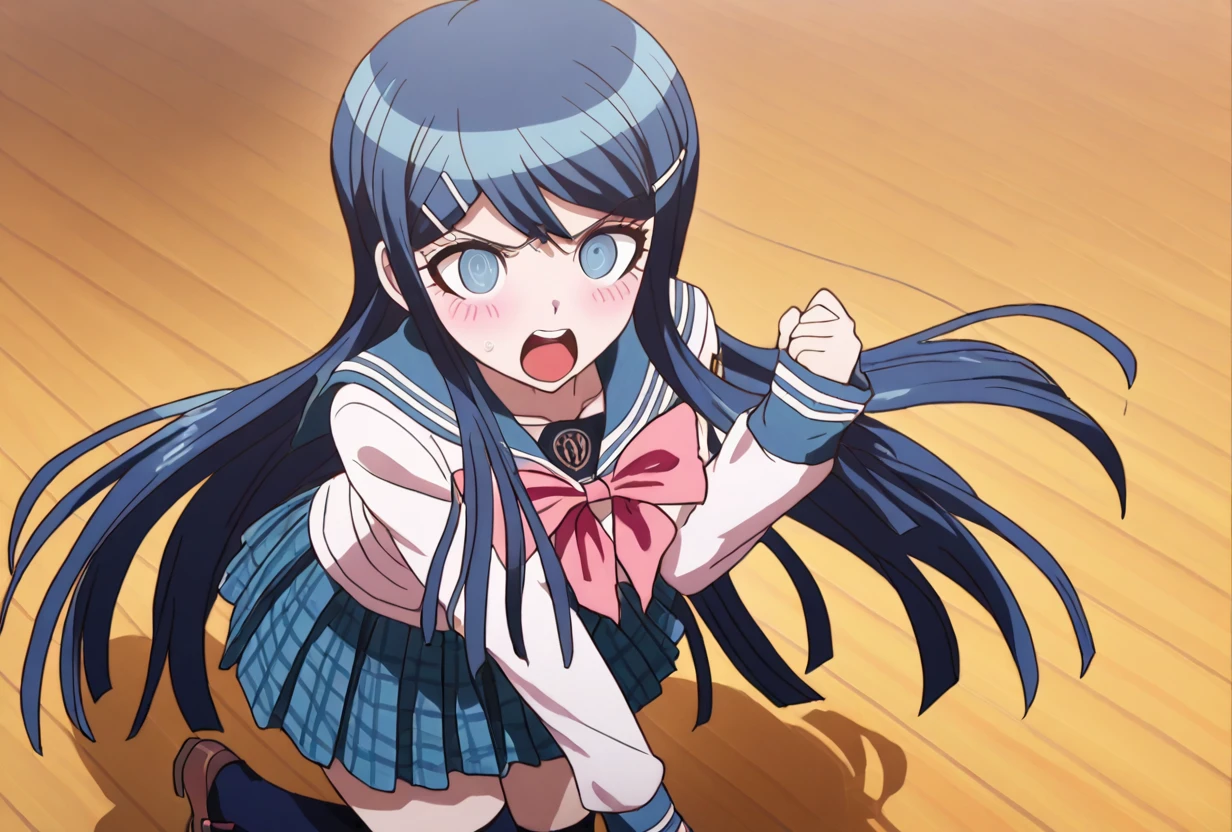 (((solo))), masterpiece, best quality, very aesthetic,  modern, modern anime,  aerial view , optamistic expression  , (((solo))),danganronpa_(series),<lora:Sayaka_Maizono_Illustrious:1>, This anime screencap is from Danganronpa the Animation. . Sayaka Maizono looks at the viewer with a determined expression. Her mouth is open as if she's about to speak. She is on a school stage in Hope's Peak, with the outline of the stage shadow on the yellow floor beneath her,  and with the light shining on her face from the upper right. Sayaka is shaking her fist as she proclaims her will to survive. Sayaka Maizono has her long blue hair down. She is wearing the white and blue Hope's Peak Academy uniform with a white top. Her sleeves reach her wrists.  She's wearing a light pink ribbon.  She has a short, pleated, blue skirt. Sayaka Maizono wears navy blue thigh-high socks. Her footwear is dark brown Mary Janes shoes.