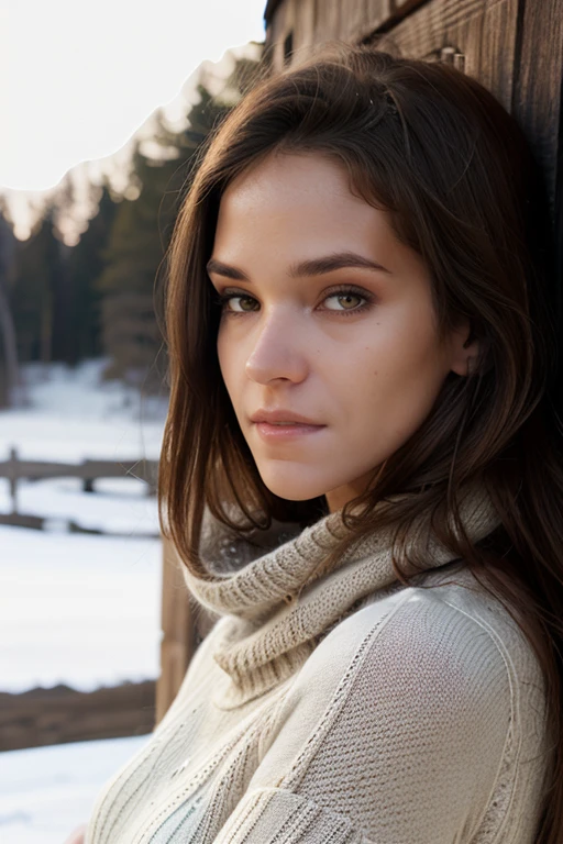 breathtaking a breathtaking fashion photo:1.3  of a beutiful woman, <lora:SilvieDeluxeV1:1>,  1girl, solo, realistic, brown hair, long hair, looking at viewer,  posing, wearing a knitted sweater matched with a scarf, outdoors, snowy landscape, cabin, <lora:add-detail-xl:.7>,  epiCPhoto, enhanced contrast, depth of field, 35 mm prime lens, shot on ALEXA65, her body is turned against the camera . award-winning, professional, highly detailed, detailed skin texture, (blush:0.5), (goosebumps:0.5), subsurface scattering