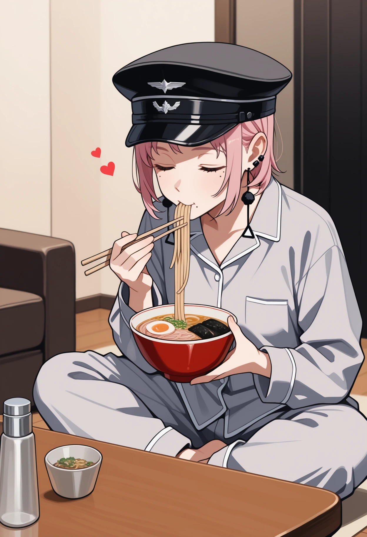 masterpiece, best quality, <break> upper body, solo, 1girl, f4mi, multiple moles, mole under eye, mole under mouth, ear piercing, eating, sitting, indian style, on floor, holding bowl, ramen, holding chopsticks, short hair, pink hair, black headwear, military hat, peaked cap, closed eyes, pajamas, grey shirt, long sleeves, grey pants, barefoot, tassel earrings, indoors, living room, table, food, salt shaker, pepper shaker, heart
<segment:yolo-Anzhc Face seg 640 v2 y8n.pt,0.4,0.5//cid=1>