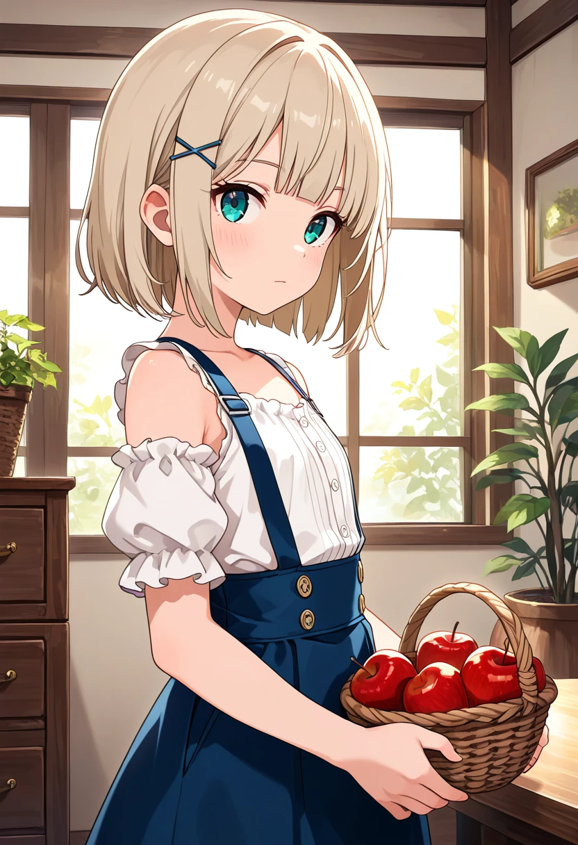 masterpiece, best quality, absurdres, very aesthetic, general,
1girl, solo, hair ornament, looking at viewer, indoors, short hair, hairclip, blue eyes, window, blush, bare shoulders, bangs, plant, closed mouth, basket, collarbone, off shoulder, white shirt, holding basket, detached sleeves, puffy short sleeves, blonde hair, suspenders, flat chest, blunt bangs, upper body, sunlight, suspender skirt, frills, standing, drawer, puffy sleeves, aqua eyes, sleeveless dress, eyebrows visible through hair, blue skirt, apple, cowboy shot, overalls, bob cut, light brown hair, table, high-waist skirt, expressionless, platinum blonde hair, eyelashes, cabinet, hairpin, chest of drawers, buttons, sleeveless shirt, eyebrows behind hair, from side, pinafore dress, white blouse, x hair ornament, sidelocks,