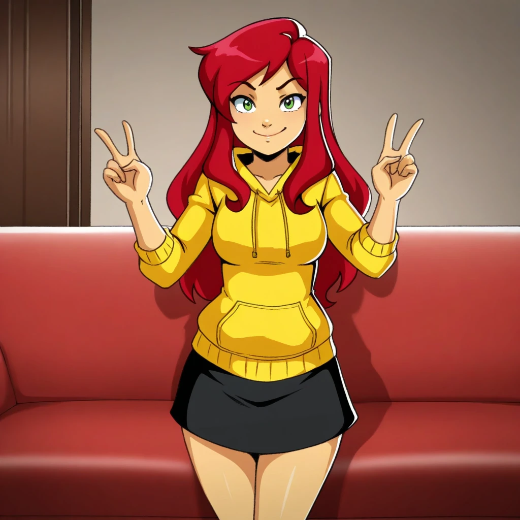 masterpiece, best quality, TASpiez, 1girl, solo, red hair, long hair, green eyes, yellow hoodie sweater, black skirt, cowboy shot, double v,  <lora:The_amazing_spiez_Style_illustrious_Leaf1:1>, indoors, on couch,