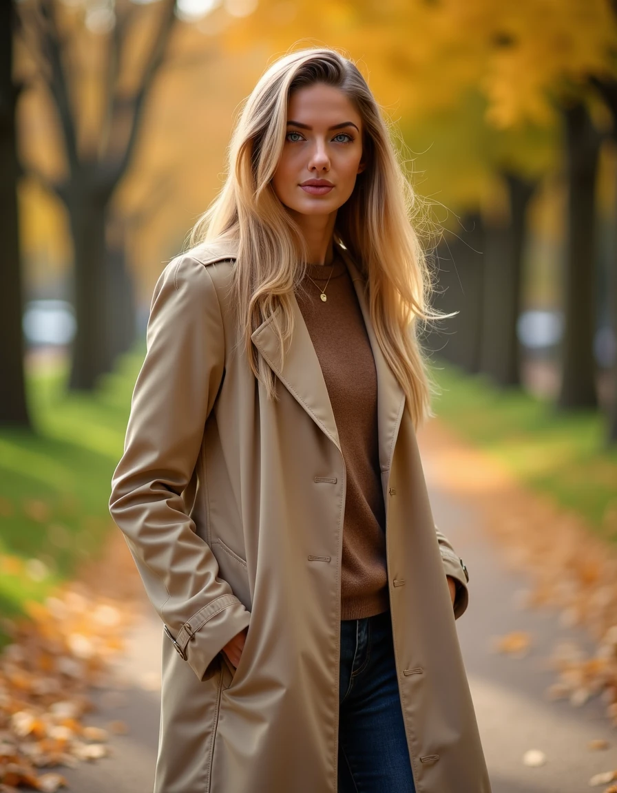 woman, alicaschmidt, blonde,straight hair,Walking through a park in autumn wearing a beige trench coat,  <lora:alicaschmidtmini:1>