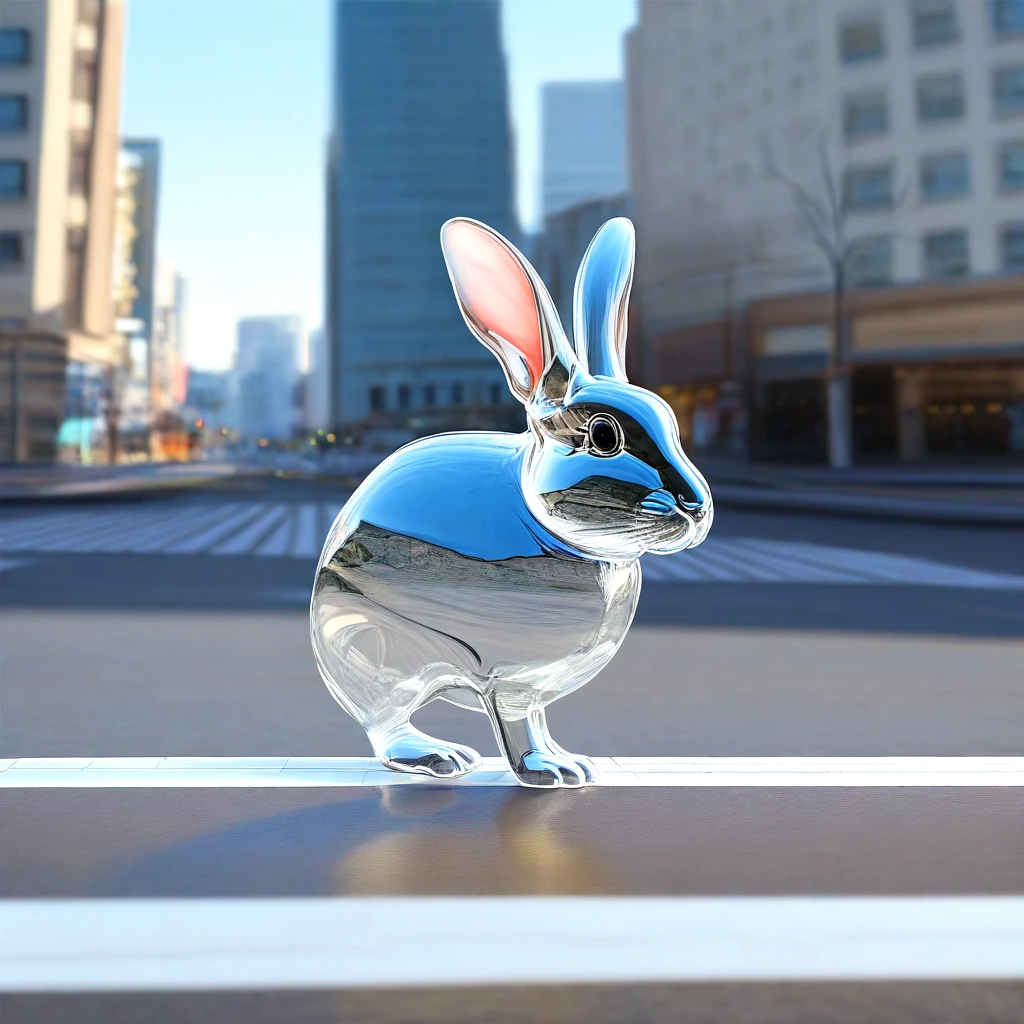 glass rabbit, solo, outdoors, solo_focus, blurry, no_humans, depth_of_field, blurry_background, building, reflection, photorealistic, cityscape, realistic, transparent, photo_background, reflective_floor, crosswalk, real_world_location,  <lora:Crystal_ornament_IL_v1:0.5>