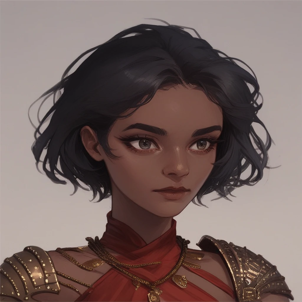 female focus, solo focus, solo, score_9, score_8_up, score_7_up, <lora:SorccV3:1> portrait, 1girl, PoE2Sorcceres, jewelry, shoulder armor, female focus, dark-skinned female, short hair, black hair, anklet, red skirt, skirt, armor, midriff, navel,