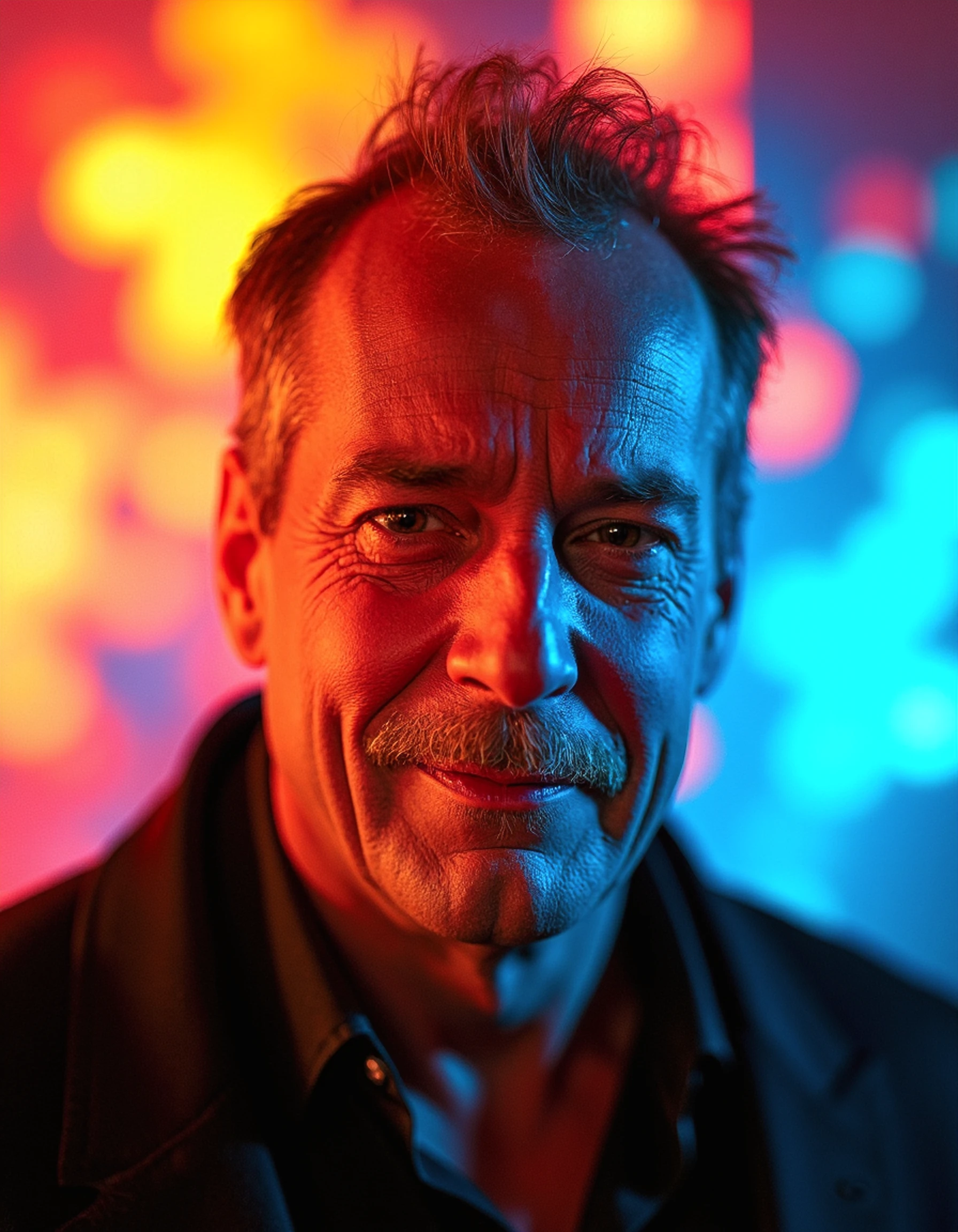 A headshot of an older man surrounded by a chaotic burst of neon colors—red, yellow, and turquoise—illuminating the background in a vivid, abstract pattern. The lighting shifts across his face, casting a warm golden glow on one side and a cool blue hue on the other, accentuating his sharp cheekbones and ruggedly features. His slightly tousled hair reflects the colorful lights, adding a dynamic and energetic vibe.
