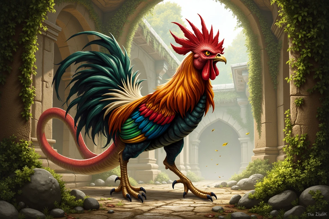 ckr,ckc,calk, anime style, anime design, anime picture, anime scene. ultra realistic, ultra detailed textures and colors half-reptilian, half-rooster, a cockatrice with beautiful red ruby wings, stalking through the ruins of an ancient jungle temple, its long tail curling around cracked stone columns. Vines hang from the crumbling walls, and a faint beam of sunlight filters through the broken roof, highlighting the intricate patterns of its feathers and scales. The perspective is a wide-angle shot, capturing both the grandeur of the ruins and the predatory elegance of the creature. The lighting is warm and dusty, with particles floating in the air, creating an atmosphere of age and mystery.