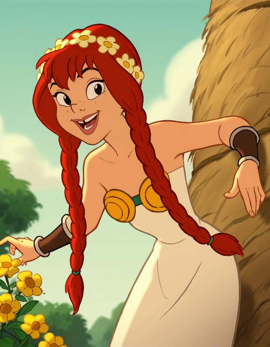 <lora:AbbaPony2.0:1>Abba, solo, dress, braid, red hair, flower, twin braids, tree, long hair, smile, white dress, strapless, bracer, day, open mouth, yellow flower, 1girl, strapless dress, bare shoulders, black eyes, outdoors, sky, parody, lips, blue sky, jewelry, retro artstyle, freckles, rose, bracelet, leaning forward, cowboy shot, hair ornamentscore_9, score_8_up, score_7_up, score_6_up, score_5_up, score_4_up, looking at viewer,outdoors, smile, portrait, upper body,