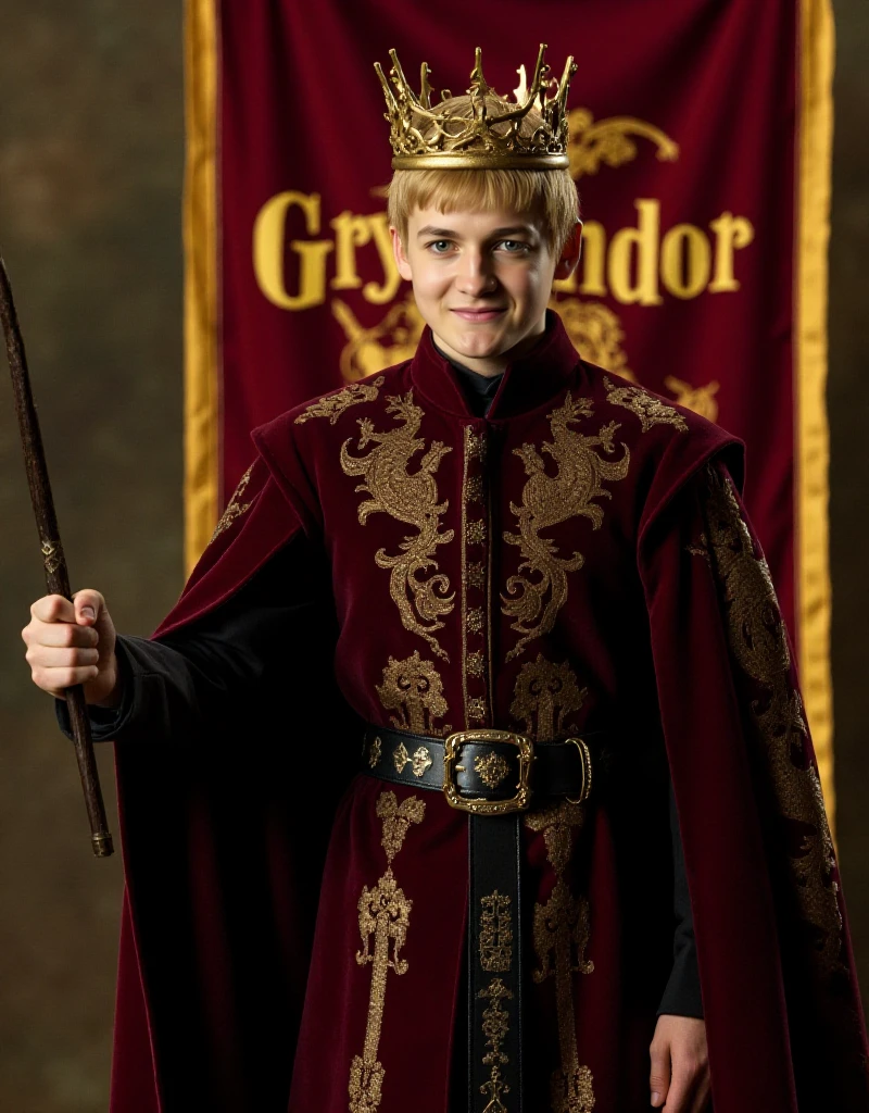 <lora:Joffrey Baratheon:0.9> joffrey baratheon, full body, a man with a crown holds a magicwand in front of a banner with the text "Gryffindor"