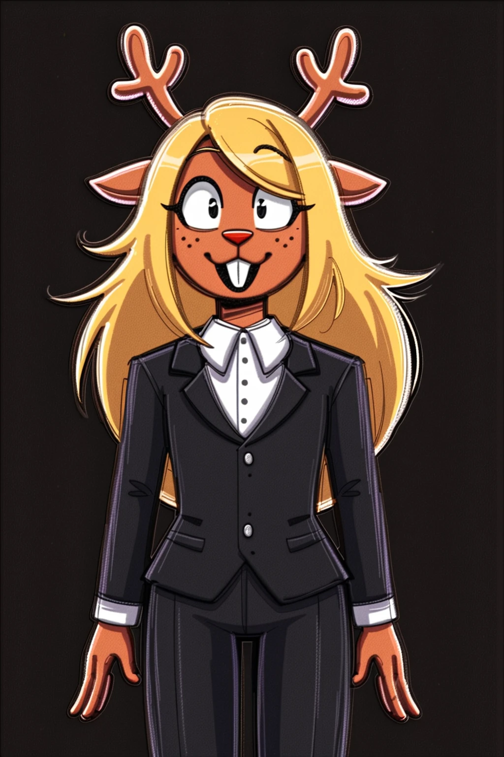 masterpiece, best quality, newest, absurdres, furry female, noelle_hol, deer girl, buck teeth, tuxedo, dark background, black pants,
BREAK
dynamic background,  <lora:Noelle_Holiday_-_Deltarune_Pony:1>