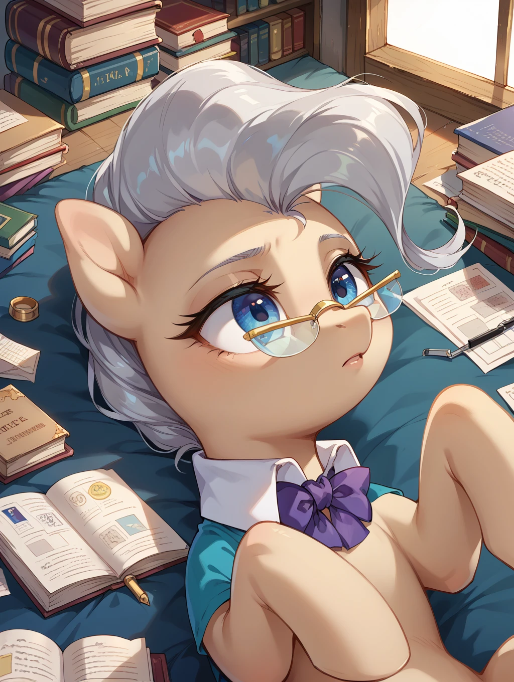 Mare lying in her office, asleep while surrounded by many books.

Mare,1girl, non-human,glasses, blue eyes,beige skin, quadruped,animal, pony, gray hair,tail, shirt collar,purple bow on collar
score_9, score_8_up, score_7_up,source_anime,BREAK