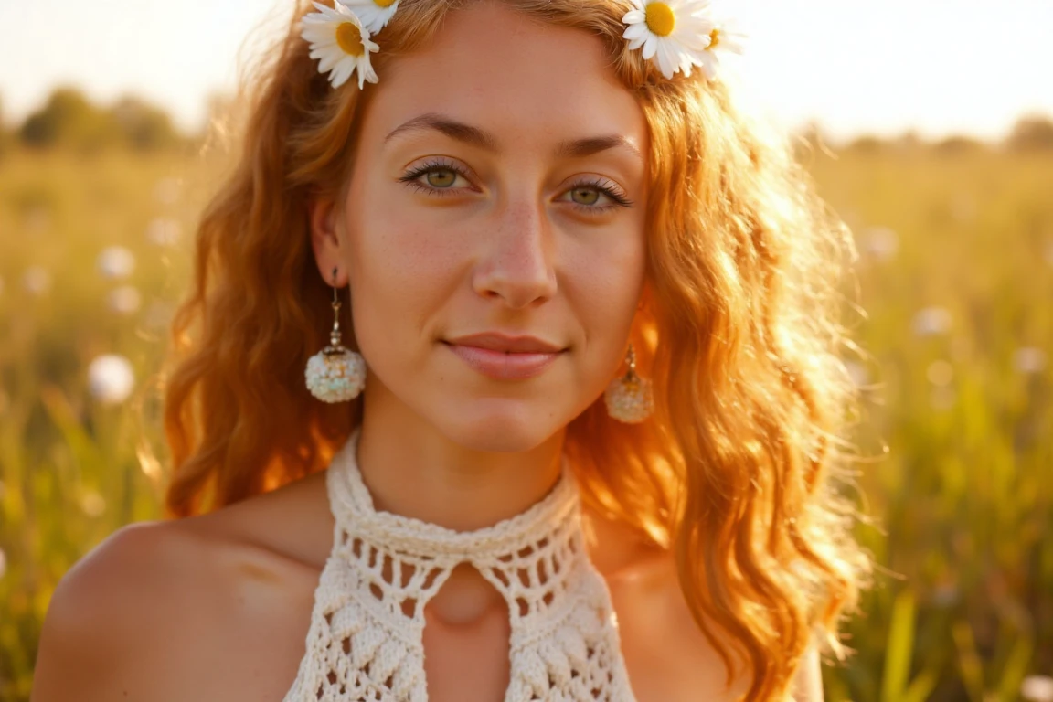 hippiebeauties, ultra realistic, ultra detailed textures and colors, close up, a young hippie mexican woman stands in a grassy field at sunset, her face softly lit by the golden light. Her wavy hair is crowned with daisies, and she wears a crocheted halter top with dangling earrings. Shot with a 50mm prime lens at eye level, the composition emphasizes her radiant face while the background melts into a soft bokeh of warm hues. A slight side angle highlights the natural contours of her face, while the sunlight adds a golden glow to her skin.