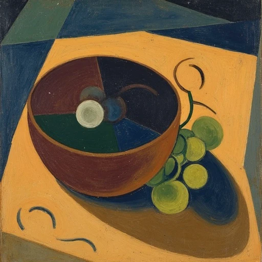 a JuanGris painting still life style of bowl with grapes on a table