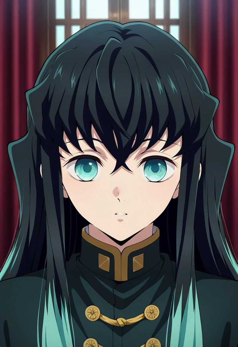 masterpiece, best quality, intricate details, anime screencap, anime coloring, official style, looking at viewer, , 1boy, solo, male focus, <lora:muichirou_tokitou_ilxl:0.9>, muichirou_tokitou, black hair, aqua eyes, long hair, bangs, hair between eyes, sidelocks, multicolored hair, two-tone hair, gradient hair, aqua hair, ,