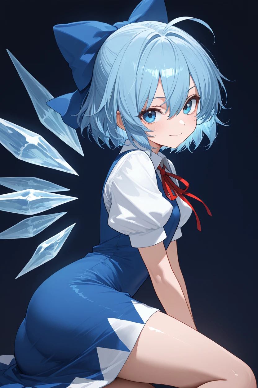 masterpiece, best quality, 1girl, solo, 21 year old model, eyelashes, (beautiful eyes),     ,,, <lora:CirnoTouhouIXL:1.0>, zzCirno, blue eyes, hair between eyes, ahoge, blue hair, hair bow, short hair, blue dress, puffy short sleeves, white shirt, bow, wings, ice, short sleeves, ice wings, dress,side view, ass, leaning forward, cowboy shot, smile, looking at viewer, shiny skin,