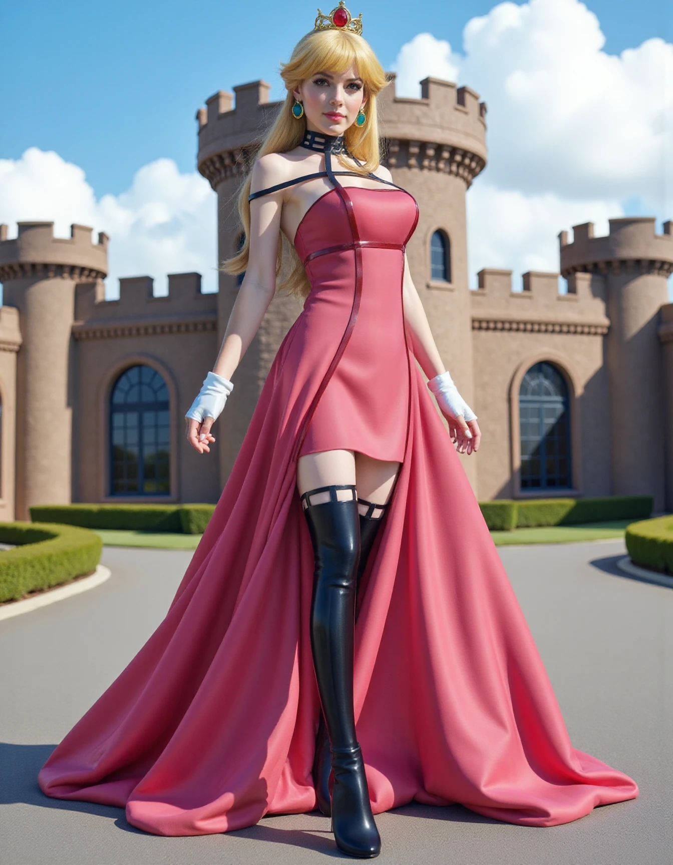 hyuper realistic photo of  a princess peach  wearing  th0rnPr1ncess0utfit outfit. She is standing outside the castle from the Mario games. <lora:thornPrincessOutfitFlux:1>