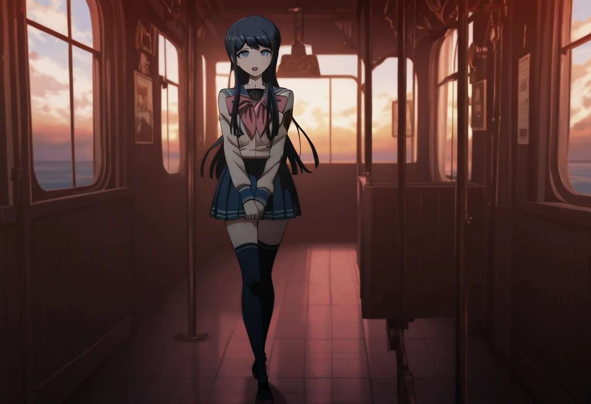 (((solo))), masterpiece, best quality, very aesthetic,  modern, modern anime,  newest, absurdres, highres, waist shot , amused expression  , (((solo))),danganronpa_(series),<lora:Sayaka_Maizono_Illustrious:1>, This is an anime screencap from Danganronpa 3. . Sayaka Maizono is enacting a standing on one leg . Sayaka Maizono's expression is expression filled with desire . Sayaka Maizono is interacting with  dawn, Venice, gondola, (soft lighting), Porta 160 color, shot on Leica T, sharp focus on subject, shot by Candida Hfer, (cinematic), pink&black theme, (vibrant color), (sharp), exposure blend, bokeh, (hdr:1.4), high contrast, (muted colors, dim colors, soothing tones:1.3) The weather is storm Sayaka Maizono has her long blue hair down. She is wearing the white and blue Hope's Peak Academy uniform with a white top. Her sleeves reach her wrists.  She's wearing a light pink ribbon.  She has a short, pleated, blue skirt. Sayaka Maizono wears navy blue thigh-high socks. Her footwear is dark brown Mary Janes shoes.