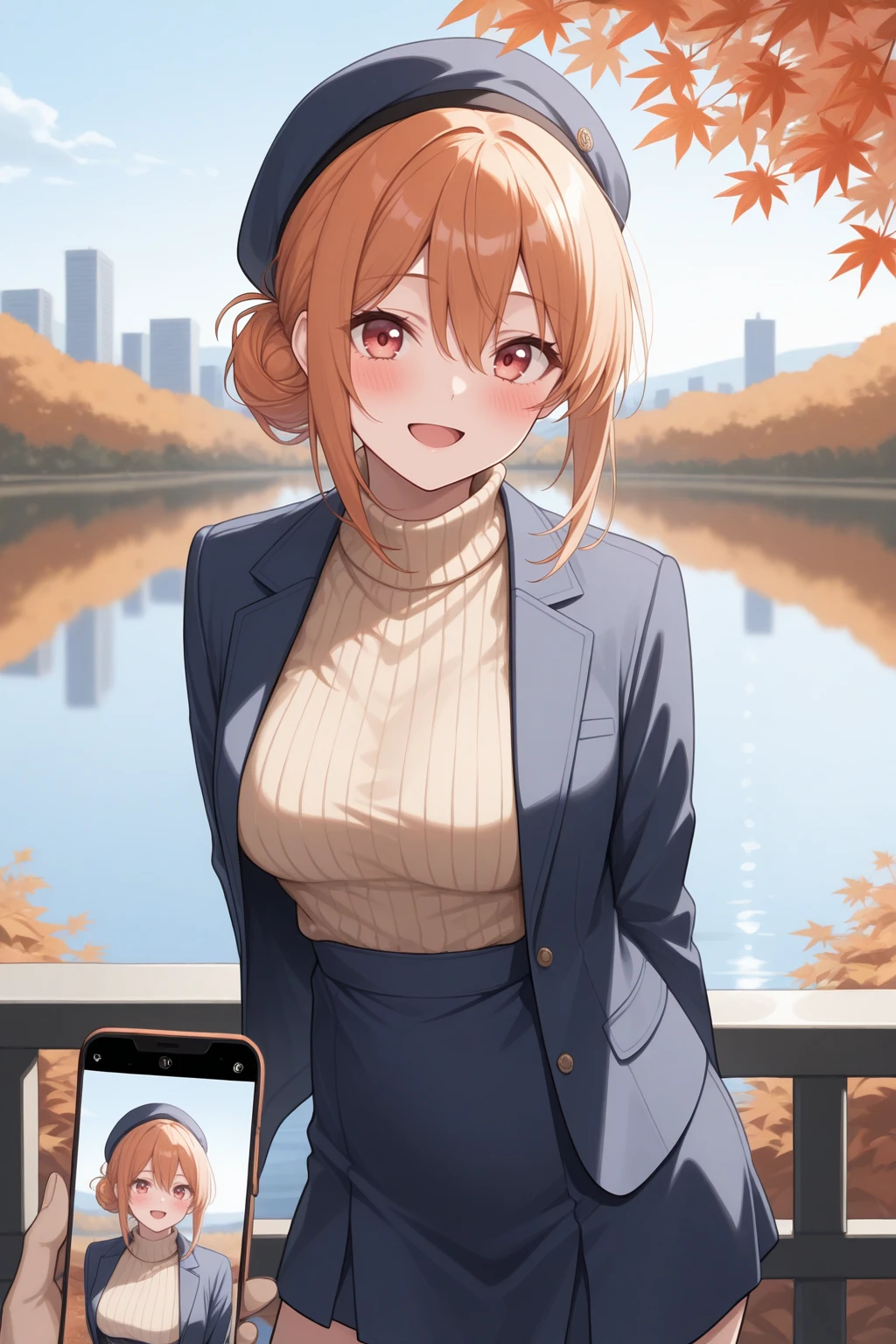 masterpiece, best quality, looking at viewer, smile, :d, blush, 1girl, yghmm, medium breasts, orange eyes, orange hair, hair between eyes, sidelocks, single hair bun, blue beret, blue blazer, open jacket, beige sweater, turtleneck sweater, high-waist skirt, blue skirt, arms behind back, contrapposto, pov hands, holding phone, taking picture, outdoors, autumn, lake, wind, city, <lora:Hoseki_Oregairu_MrsYuigahama_IllustriousXL_v1:1>