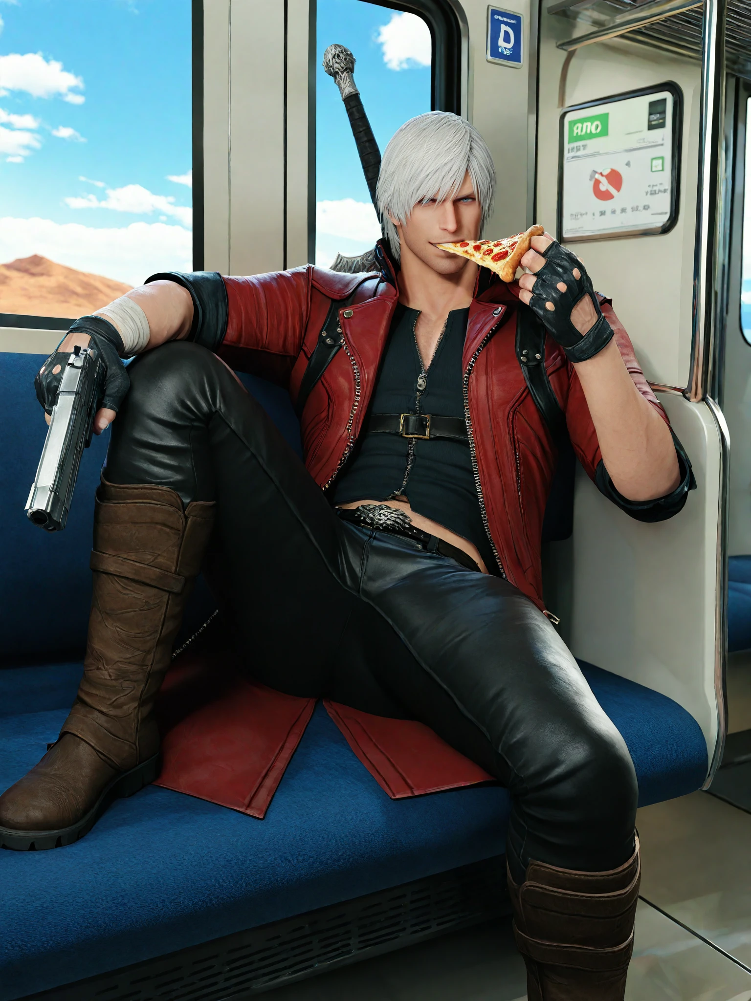 masterpiece, best quality, very awa, highres, absurdres, shadow, 3d, sidelighting, bloom,
1boy, dante \(devil may cry\), devil may cry \(series\), 
full body, sitting, spread legs, holding gun, handgun, desert eagle, two-handed sword, sword on back, holding pizza, pizza slice, mature male, arm on knee, dual wielding, eating, 
Looking at viewer, smirk,
muscular male,
blue eyes, white hair, stubble,
red coat, open coat, studded belt, fingerless gloves, black gloves, black pants, leather pants, black shirt, bandaged hands, brown footwear, knee boots, 
subway, train interior, indoors, window, blue skies, clouds,
 <lora:3DStyle NoobAIXL1_1FullTagged:1>