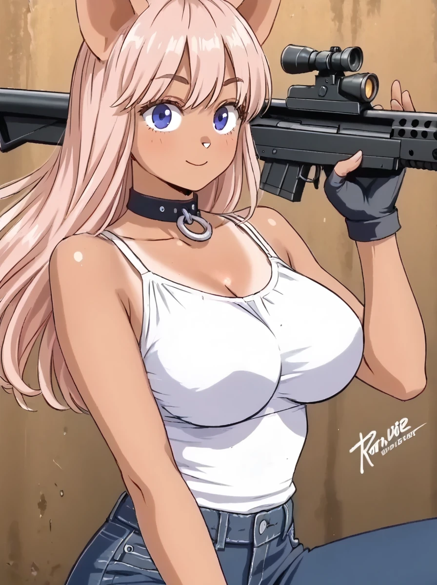 solo, 1girl, valmet, blush, lipstick, long hair, crazy eyes ,masterpiece, best quality, ((unbuttoned , cleavage, necklace, earrings, sexy body, breasts)) , micro skirt, smiling, navel , exposed belly, exposed navel,school,knot, classroom , holding a gun, hold a gun, navel piercing