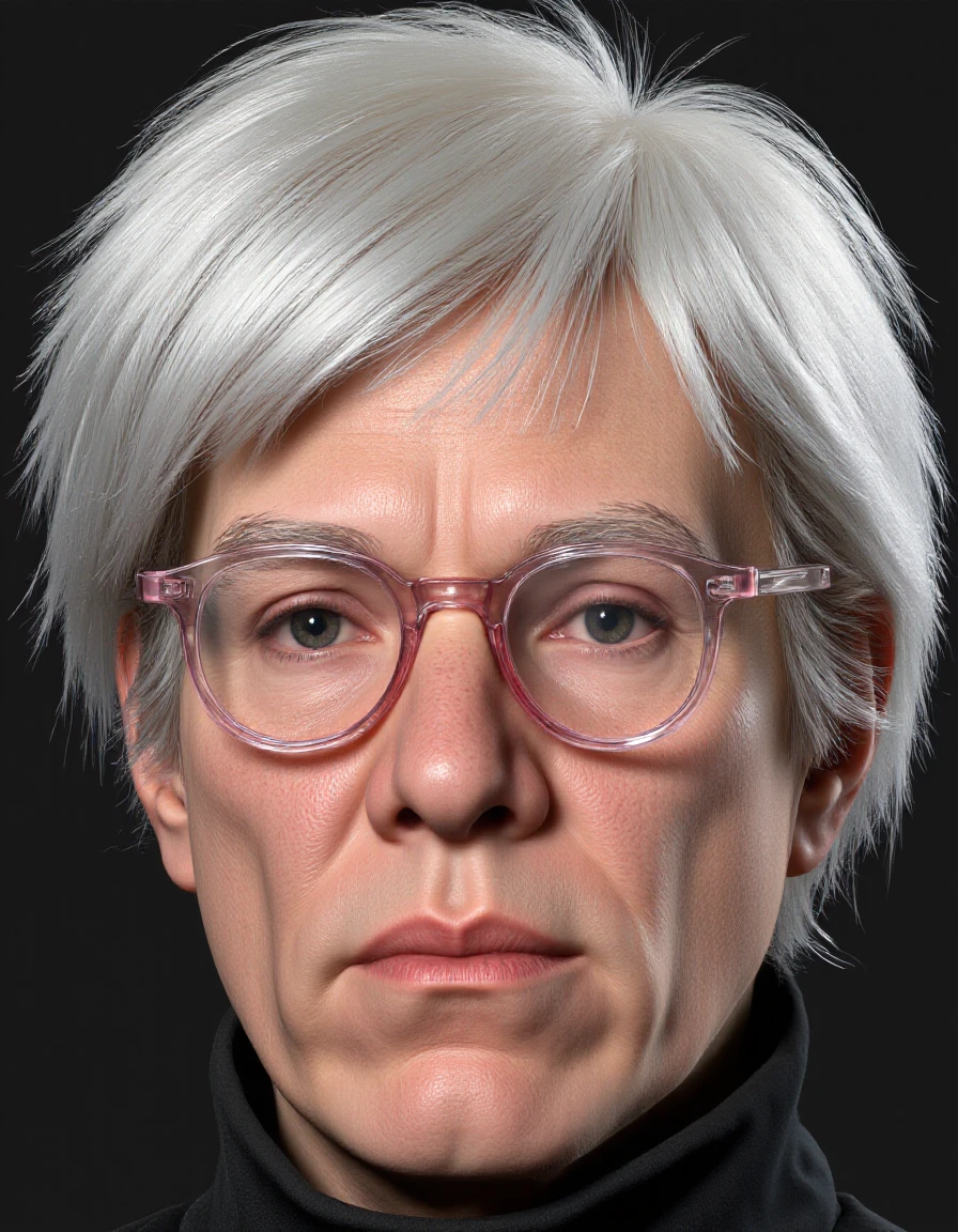 
professional 3d model of An Unreal Engine image of andywarhol_ with white hair and pink glasses. black background, portrait, close-up, freckles, realistic, nose, realistic, realism, octane render, highly detailed,