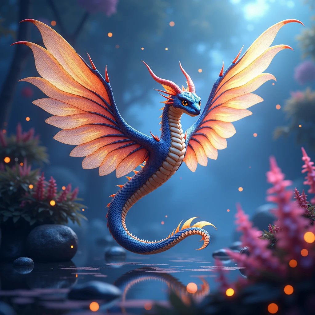 flying serpent, impressionist ambience , beautiful and surreal, with luxurious sharp focus, intense vibrant colors, dynamic shadows, dramatic lighting, soft shadows, in the early morning, blue hour,  cinematic flying serpent is erched gracefully on an interesting sky mystical open space. Its iridescent wings shimmer in various hues of  golden and silvery majestic colors, catching the soft, magical presence of this lovely creature. the creature scales gleam like precious gems, the creature has a majestic crest on top of his head and small horns to the side,  reflecting the vibrant colors of the surrounding flora, volumetric lighting,  The background is filled with ethereal light, fireflies dancing in the air, and mysterious, glowing plants that add to the otherworldly atmosphere. The scene is filled with magic and myth, with intricate details that draw the viewer into this magical realm." <lora:windserpents:1> fsp, fsx, fxs