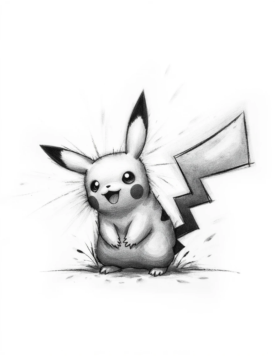 minimal charcoal drawing of a pikachu covered in electricity arches. Angry pikachu attacking. Artistic. Abstract smudging and motion. monochromatic.<lora:Charcoal.safetensors:1.0:1.0>