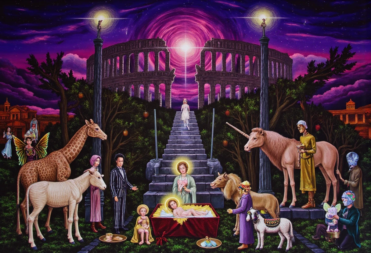 In a dreamscape where logic dissolves and reality bends, a surreal nativity unfolds. The manger, a melting clock draped in velvet, cradles the infant Jesus, his halo a flickering neon sign. Mary, a porcelain doll with eyes of amethyst, gazes upon him with a melancholy smile. Joseph, a faceless mannequin in a pinstripe suit, stands guard, his outstretched hand a withered branch.
The stable, a crumbling colosseum overgrown with luminous moss, houses a menagerie of fantastical creatures. A giraffe with butterfly wings, a lion with a clockwork heart, and a unicorn with a rainbow mane gather around the manger, their eyes reflecting the distorted constellations of a swirling, purple sky.
A staircase ascends into the clouds, leading to a doorway framed by melting candles. Three figures with elongated shadows approach, their faces obscured by shimmering masks. They bear gifts of fractured mirrors, disembodied voices, and impossible geometries.
The air hums with a dissonant symphony of whispers and echoes, as the boundaries between the sacred and the surreal dissolve into a dreamlike tableau.
,<lora:Nativity Scene Style_epoch_10:1>,