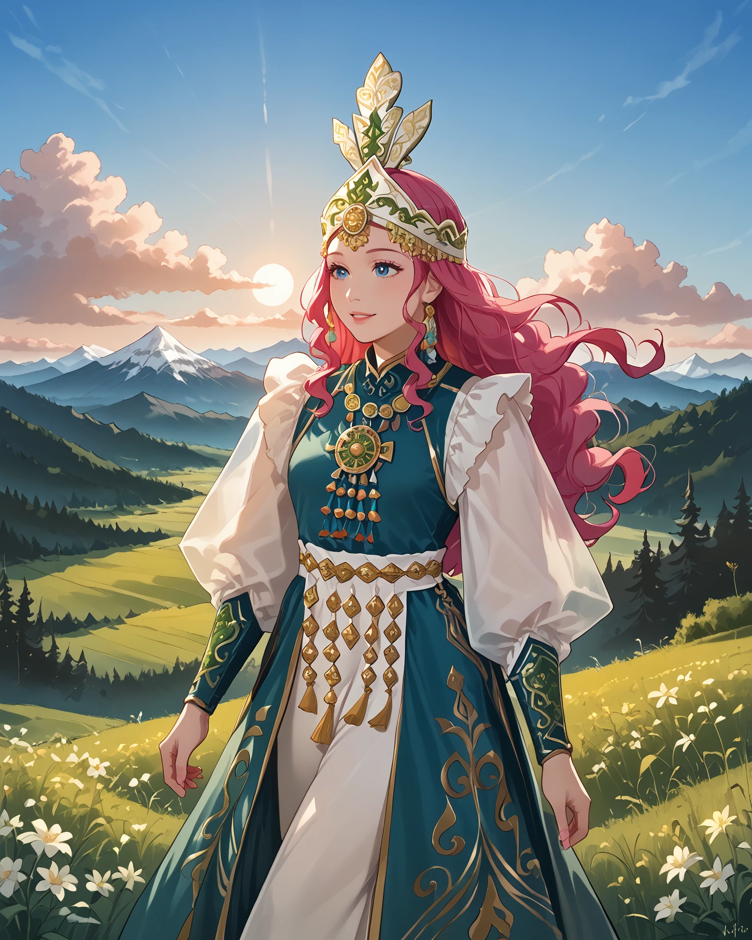 1girl, wearing yakutfa, yakutfa clothes, beautiful scenery, mountain range, long hair, pinks and greens, extremely detailed clothing, digital art, masterpiece, absurdres, highest quality, score_9, score_8_up, score_7_up,   <lora:Yakut_Fashion_XL:1>,  <lora:Smooth Anime 2 Style SDXL_LoRA_Pony Diffusion V6 XL:1>