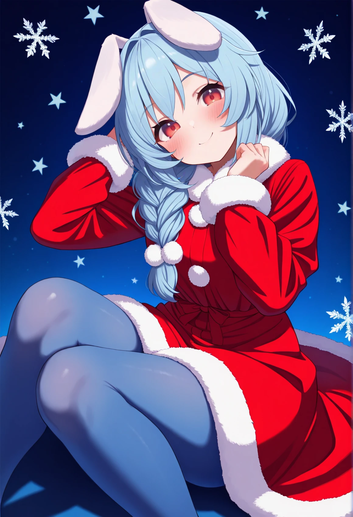 highres, best quality, masterpiece, blue background, starry background, snowflake background, 
solo, 1girl, ojaru, blue hair, red eyes, rabbit ears, long hair, braid,
red dress, long sleeves, fur trim, blue pantyhose,
looking at viewer, blush, smile,
hands up, head tilt,
<lora:_aru_oj-elesico-ilxlD-000011:1>