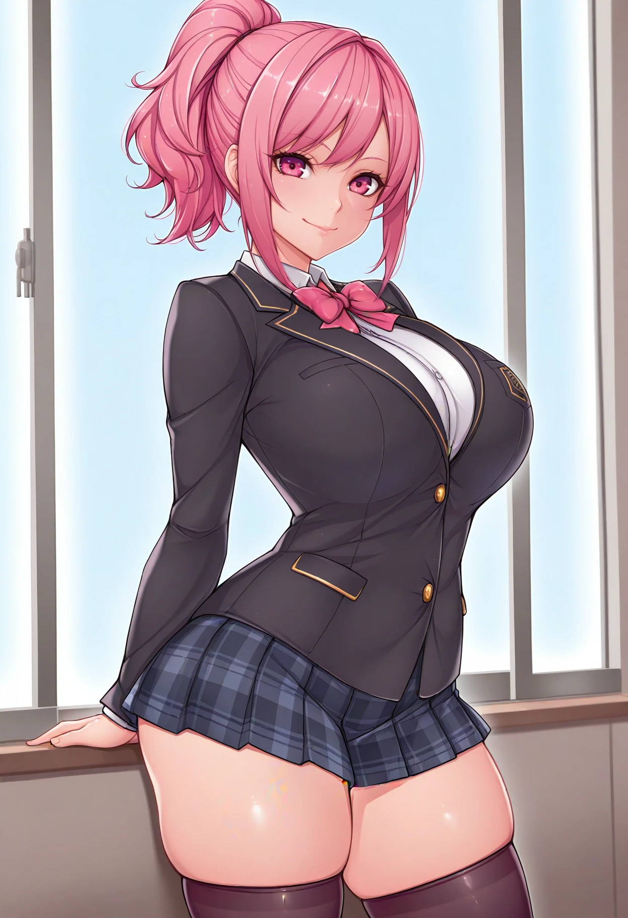 Yuigahama Yui, short hair, Brown eyes, Pink Hair,  Single bun hair, 
One girl, White shirt, Black jacket, The room is expensive , skirt,

View your viewers, 
(masterpiece:1.2), Highest quality, High resolution, unity 8k wallpaper,  (Beautiful and beautiful eyes), Highly detailed face, Perfect lighting, Highly detailed CG, (Perfect Anatomy),

(blush:1.2), smile,  
Huge breasts, 
classroom, 

From below, Pink Panties, Thighs, 
Open your mouth, sexy, Estrus, 