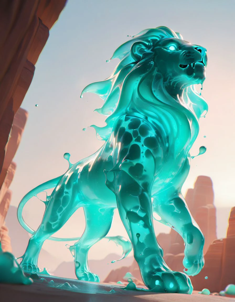 masterpiece,  chromatic aberration, <lora:NV_MintSlime_Skin_IL:1> nv-mintslimeskin, colored skin, translucent , glowing,
giant lion, in a canyon, from below, dutch angle,monster, glowing eyes, animal focus, dissolving ,