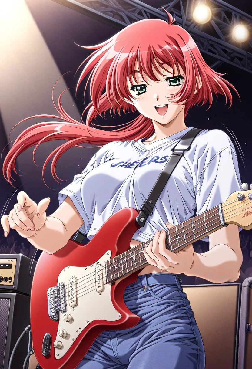 masterpiece, best quality, newest, highres, uncensored, 1girl, yokota mamoru style,motion lines,1girl,music,playing guitar,exciting,cheers,Concert,Ogata Shizuka Again Version,Red Hair, Ponytail, Waist Length Hair,Green eyes,leather,