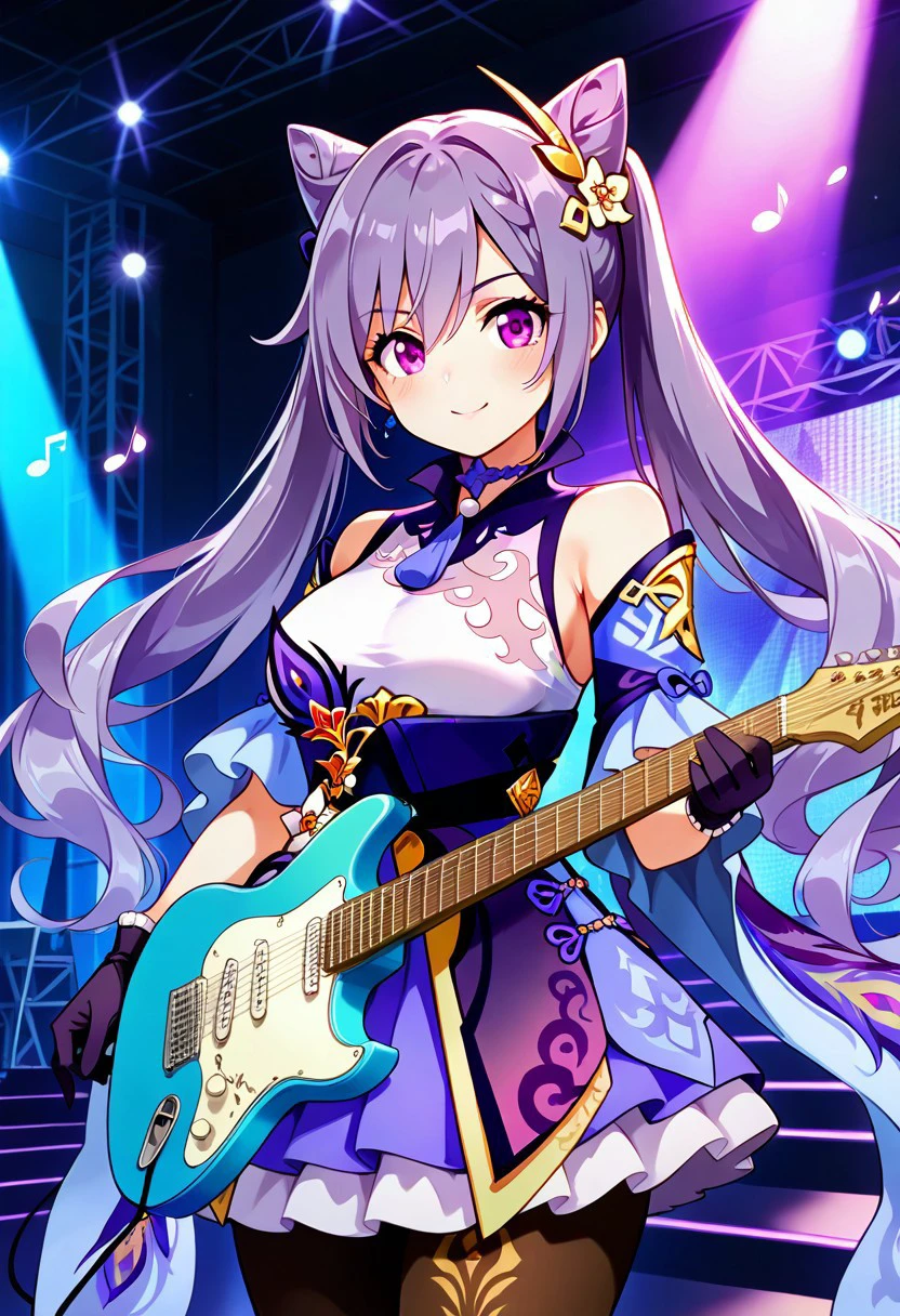 zzKeqing, purple eyes, hair between eyes, cone hair bun, hair bun, hair ornament, long hair, purple hair, twintails, double bun,    black pantyhose, dress, bare shoulders, detached sleeves, gloves, frills, skirt,
stage, electric guitar, music notes, 
,cowboy shot, medium breasts, curvy, smile, looking at viewer, pretty background, dynamic pose,