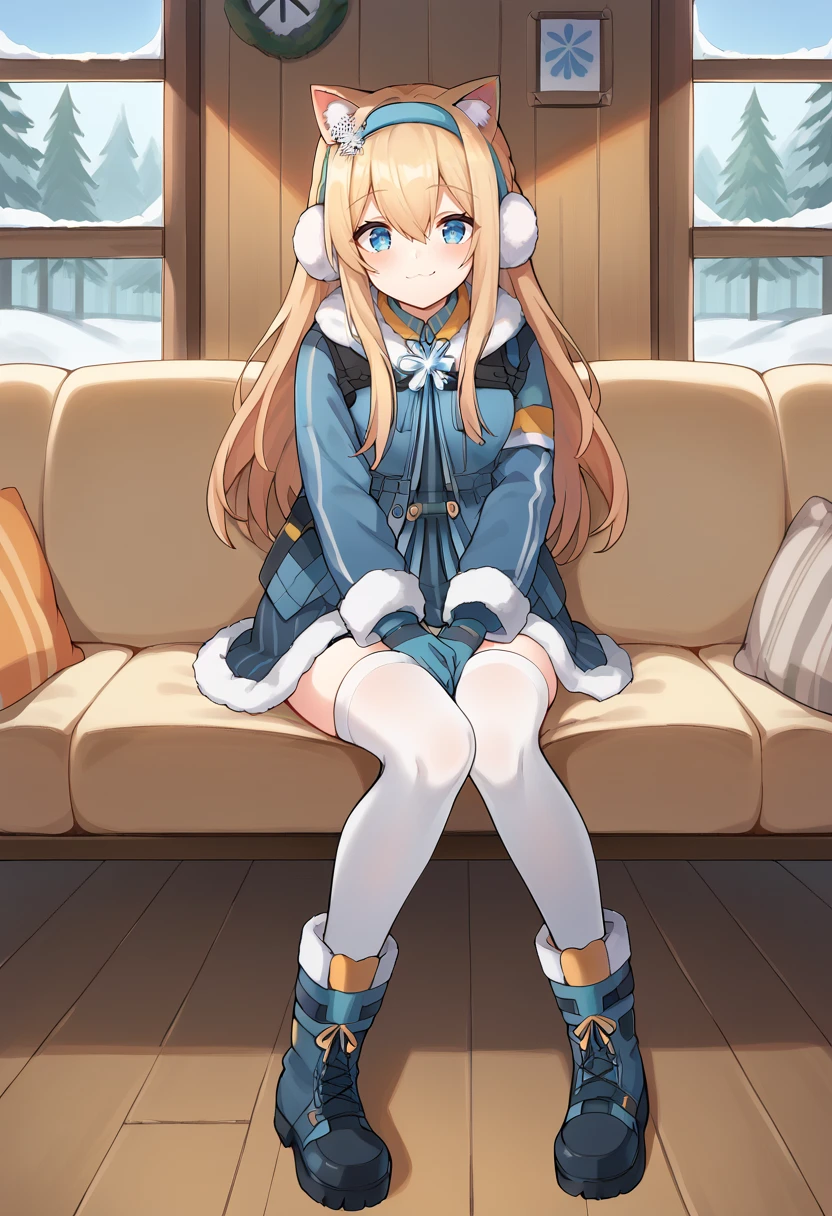 <lora:Suomi-05:1>, suomi, long hair, blue eyes, hairband, blonde hair, snowflake hair ornament, gloves, suomi (girls' frontline), fur trim, blue hairband, hair between eyes, jacket, white thighhighs, boots, long sleeves, indoor, cabin, couch, sitting, window, forest outside, snow outside,   <lora:3__3__-_Cat_Mouth_-_Pony:1> smug, cat ears,, score_9, score_8_up, score_7_up, source_anime,