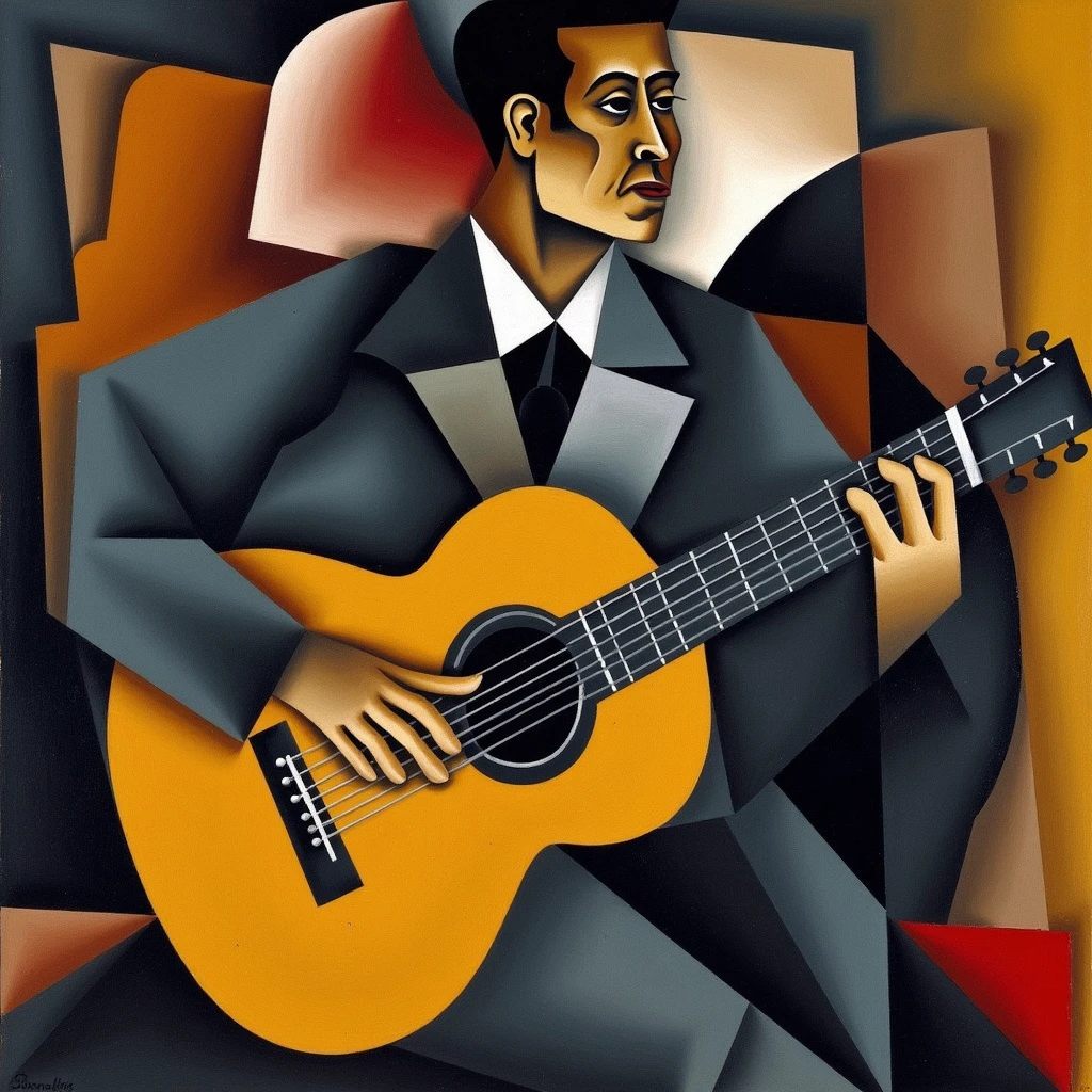 a JuanGris Juangris painting still life and cubism style of person playing the guitar