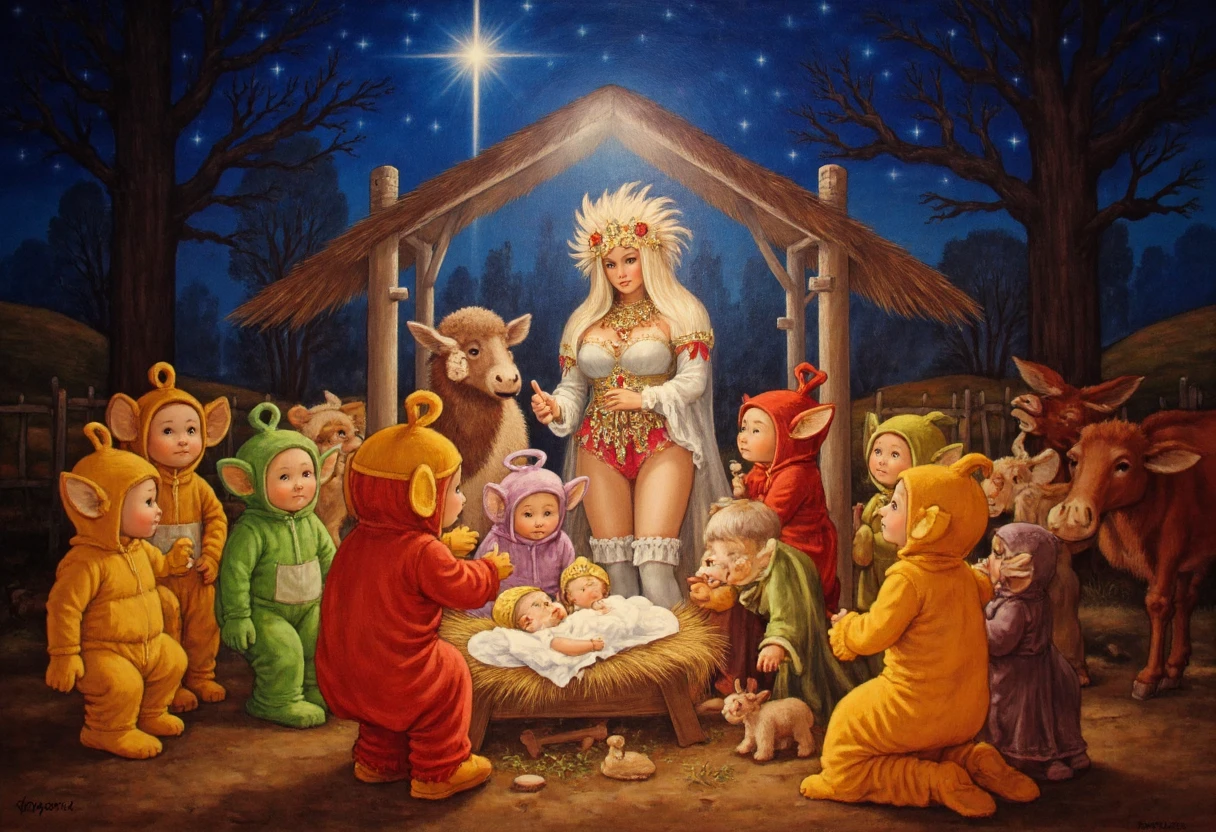 An oil painting of a SUPER DUPER GAY homosexual themed nativity with a fiesty drag queen in the manger. Also there are a small parade of teletubbies surrounding them.   
<lora:Nativity Scene Style_epoch_10:1>