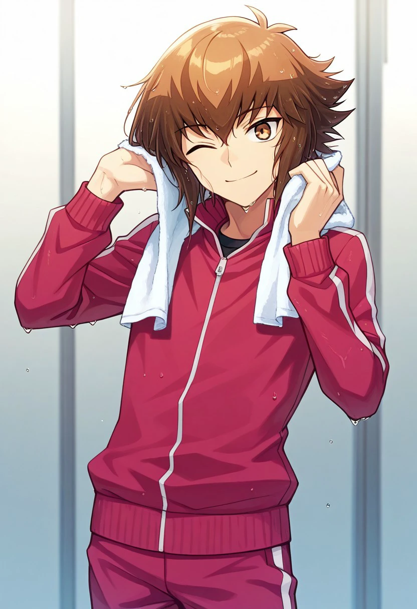 masterpiece, best quality, 
jadenyuki, 1boy, male focus, solo, brown eyes, brown hair, two-tone hair, multicolored hair, bangs, track suit, jacket, track jacket, towel around neck, wet hair, smile, one eye closed,
indoor,