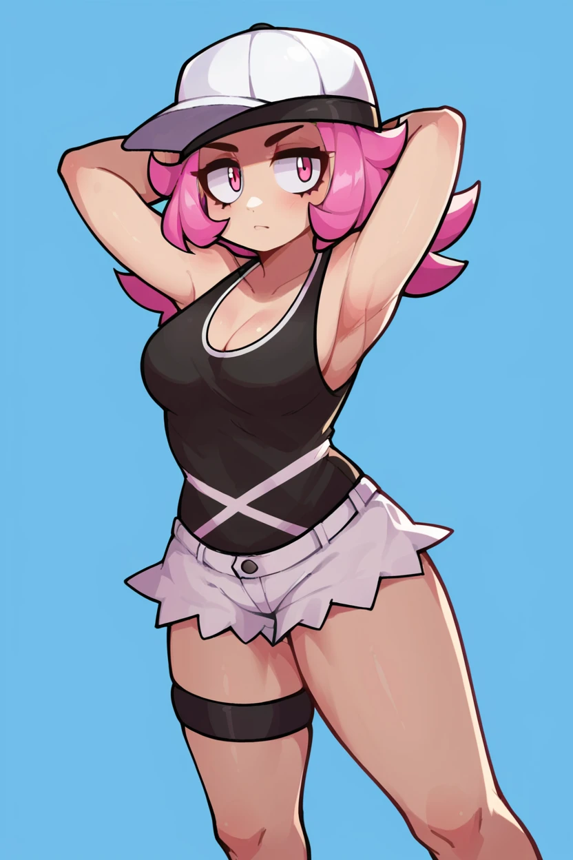 (zPDXL3), score_9, score_8_up, source_anime, 1girl, solo, <lora:Pokemon_Punk_Girl_SunMoon:1>, punkgirlsm, baseball cap, black bandana, black tank top, sleeveless, white shorts, pink hair, pink eyes, wristbands, thigh strap, hands behind head, cleavage, [small breasts],